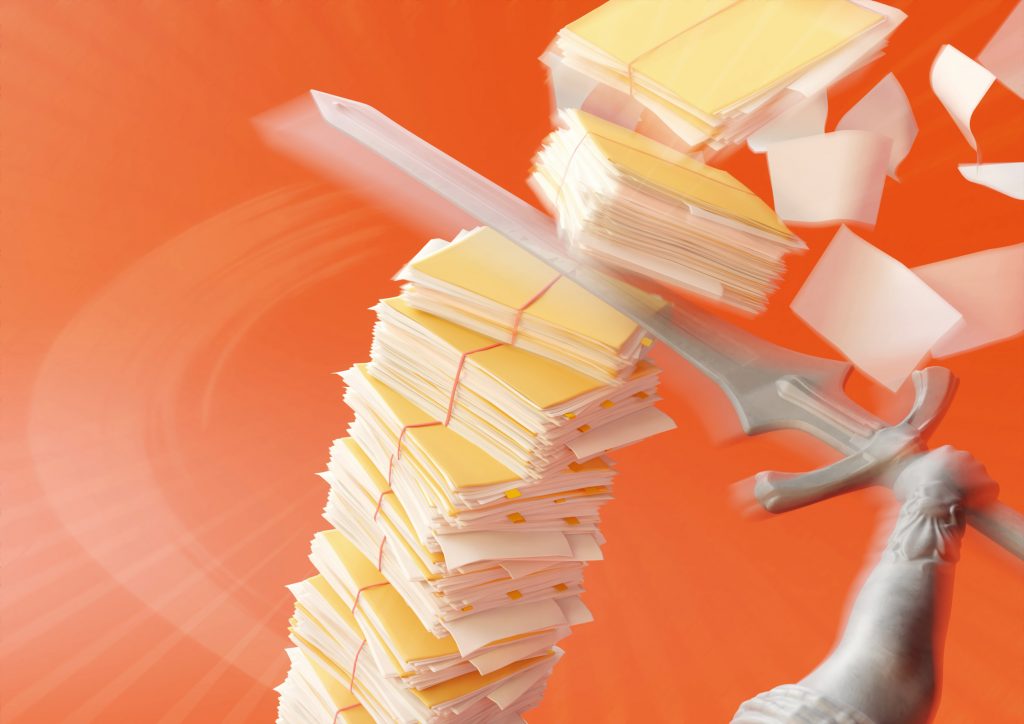 Illustration of hand holding sword demolishing stack of files