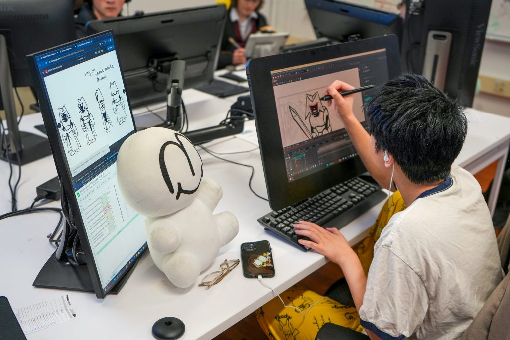A student creates a digital illustration. At the end of the forty-eight hours, the teams screened their work in a public film festival. The event provided “a wonderful way for students to see what they’re capable of creating,” says one of the organizers, Piper Haswell BFA’25.